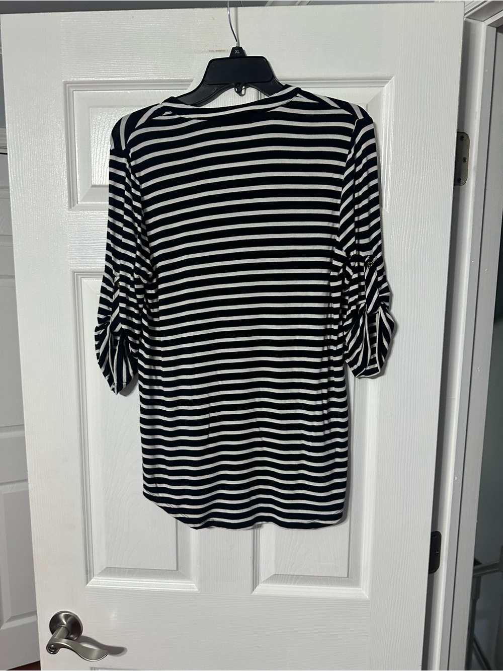 Calvin Klein Striped Half-Zip Roll Tab Sleeve Hi Lo Blouse - Picture 9 of 15